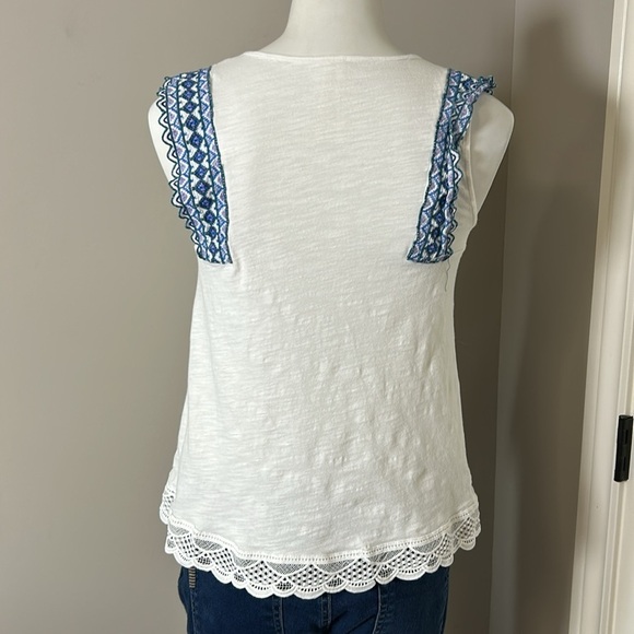 Anthropologie Sigrid White Blue Embroidered Top  Keyhole Tie Front Sz S - Picture 6 of 10